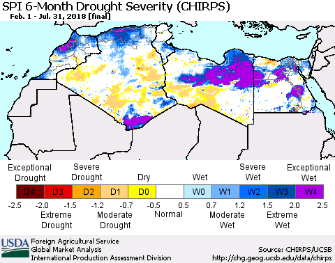 North Africa SPI 6-Month Drought Severity (CHIRPS) Thematic Map For 2/1/2018 - 7/31/2018