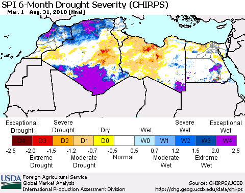 North Africa SPI 6-Month Drought Severity (CHIRPS) Thematic Map For 3/1/2018 - 8/31/2018