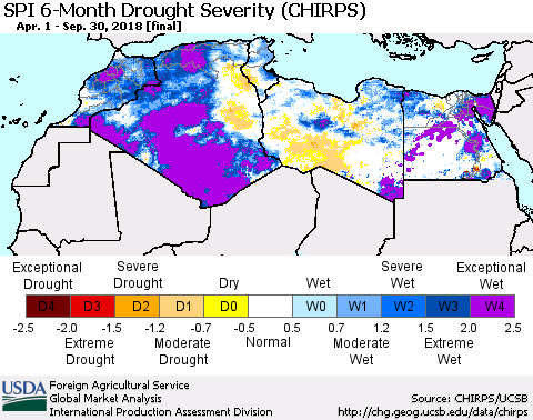 North Africa SPI 6-Month Drought Severity (CHIRPS) Thematic Map For 4/1/2018 - 9/30/2018