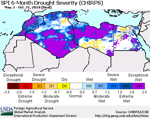 North Africa SPI 6-Month Drought Severity (CHIRPS) Thematic Map For 5/1/2018 - 10/31/2018