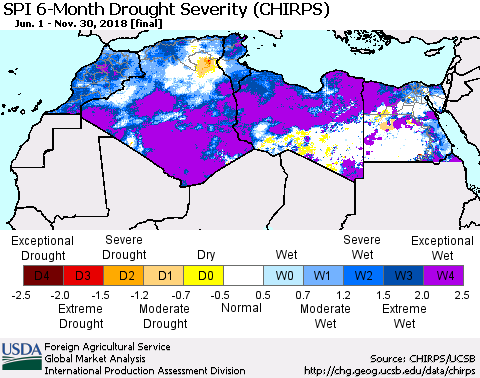 North Africa SPI 6-Month Drought Severity (CHIRPS) Thematic Map For 6/1/2018 - 11/30/2018