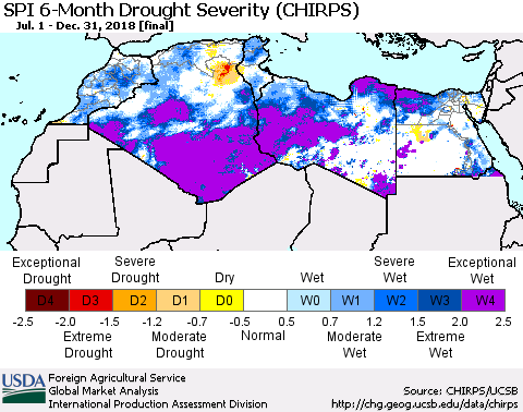 North Africa SPI 6-Month Drought Severity (CHIRPS) Thematic Map For 7/1/2018 - 12/31/2018