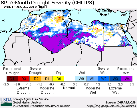 North Africa SPI 6-Month Drought Severity (CHIRPS) Thematic Map For 8/1/2018 - 1/31/2019