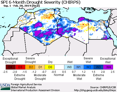 North Africa SPI 6-Month Drought Severity (CHIRPS) Thematic Map For 9/1/2018 - 2/28/2019