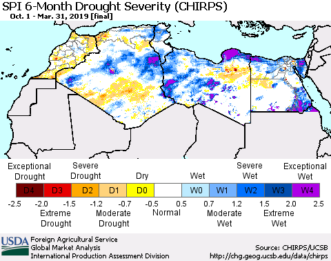 North Africa SPI 6-Month Drought Severity (CHIRPS) Thematic Map For 10/1/2018 - 3/31/2019
