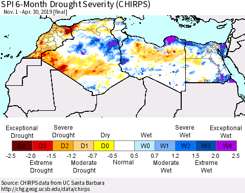 North Africa SPI 6-Month Drought Severity (CHIRPS) Thematic Map For 11/1/2018 - 4/30/2019
