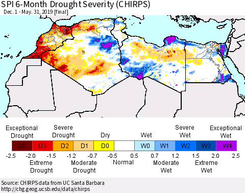 North Africa SPI 6-Month Drought Severity (CHIRPS) Thematic Map For 12/1/2018 - 5/31/2019
