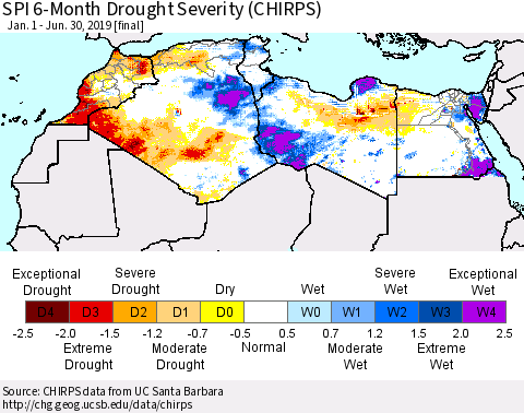 North Africa SPI 6-Month Drought Severity (CHIRPS) Thematic Map For 1/1/2019 - 6/30/2019