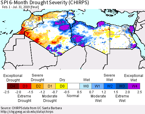 North Africa SPI 6-Month Drought Severity (CHIRPS) Thematic Map For 2/1/2019 - 7/31/2019