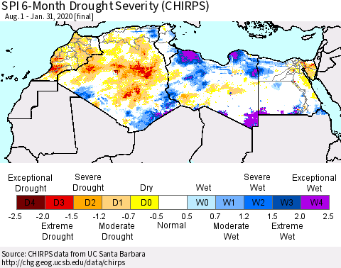 North Africa SPI 6-Month Drought Severity (CHIRPS) Thematic Map For 8/1/2019 - 1/31/2020