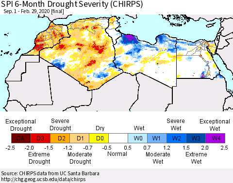 North Africa SPI 6-Month Drought Severity (CHIRPS) Thematic Map For 9/1/2019 - 2/29/2020