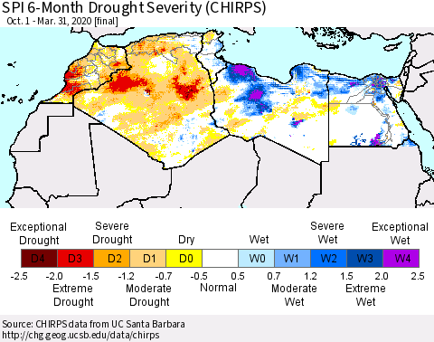 North Africa SPI 6-Month Drought Severity (CHIRPS) Thematic Map For 10/1/2019 - 3/31/2020