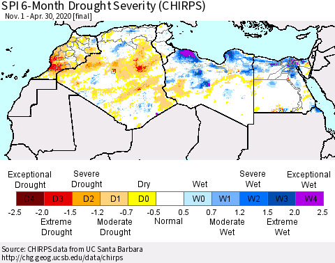 North Africa SPI 6-Month Drought Severity (CHIRPS) Thematic Map For 11/1/2019 - 4/30/2020
