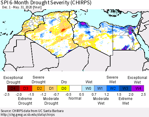 North Africa SPI 6-Month Drought Severity (CHIRPS) Thematic Map For 12/1/2019 - 5/31/2020