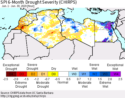 North Africa SPI 6-Month Drought Severity (CHIRPS) Thematic Map For 1/1/2020 - 6/30/2020