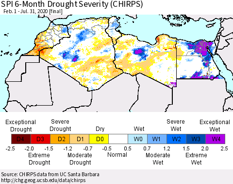 North Africa SPI 6-Month Drought Severity (CHIRPS) Thematic Map For 2/1/2020 - 7/31/2020