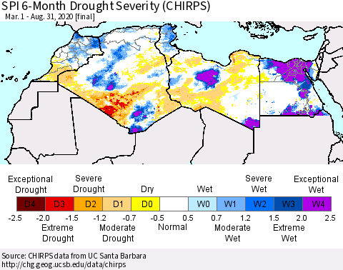 North Africa SPI 6-Month Drought Severity (CHIRPS) Thematic Map For 3/1/2020 - 8/31/2020