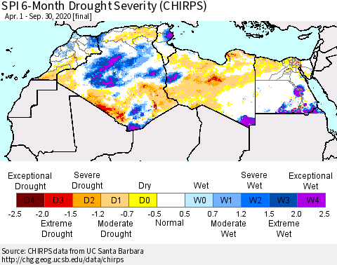 North Africa SPI 6-Month Drought Severity (CHIRPS) Thematic Map For 4/1/2020 - 9/30/2020