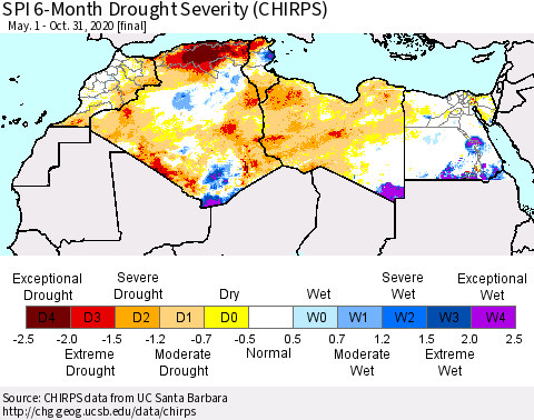 North Africa SPI 6-Month Drought Severity (CHIRPS) Thematic Map For 5/1/2020 - 10/31/2020