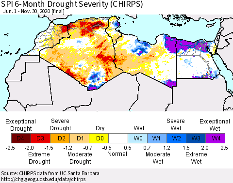 North Africa SPI 6-Month Drought Severity (CHIRPS) Thematic Map For 6/1/2020 - 11/30/2020