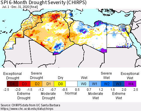 North Africa SPI 6-Month Drought Severity (CHIRPS) Thematic Map For 7/1/2020 - 12/31/2020