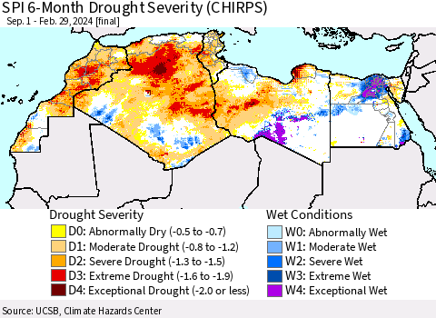 North Africa SPI 6-Month Drought Severity (CHIRPS) Thematic Map For 9/1/2023 - 2/29/2024
