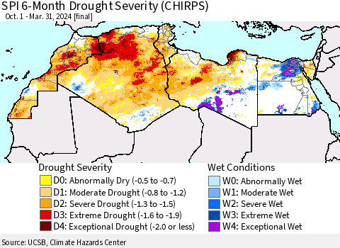 North Africa SPI 6-Month Drought Severity (CHIRPS) Thematic Map For 10/1/2023 - 3/31/2024