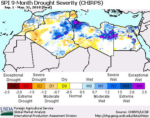 North Africa SPI 9-Month Drought Severity (CHIRPS) Thematic Map For 9/1/2017 - 5/31/2018
