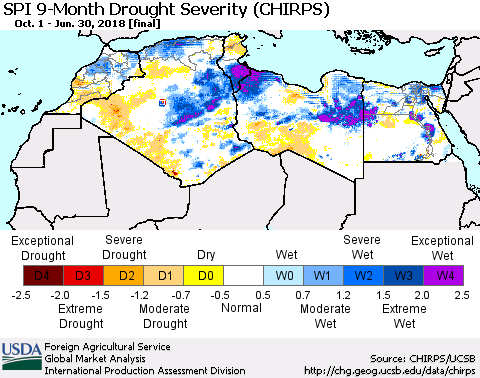 North Africa SPI 9-Month Drought Severity (CHIRPS) Thematic Map For 10/1/2017 - 6/30/2018