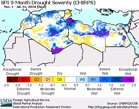 North Africa SPI 9-Month Drought Severity (CHIRPS) Thematic Map For 11/1/2017 - 7/31/2018