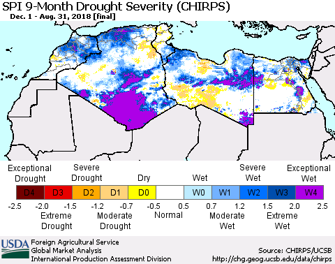 North Africa SPI 9-Month Drought Severity (CHIRPS) Thematic Map For 12/1/2017 - 8/31/2018
