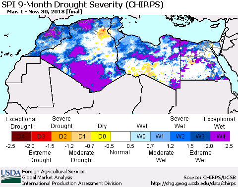 North Africa SPI 9-Month Drought Severity (CHIRPS) Thematic Map For 3/1/2018 - 11/30/2018