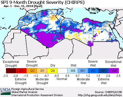 North Africa SPI 9-Month Drought Severity (CHIRPS) Thematic Map For 4/1/2018 - 12/31/2018