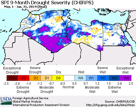 North Africa SPI 9-Month Drought Severity (CHIRPS) Thematic Map For 5/1/2018 - 1/31/2019