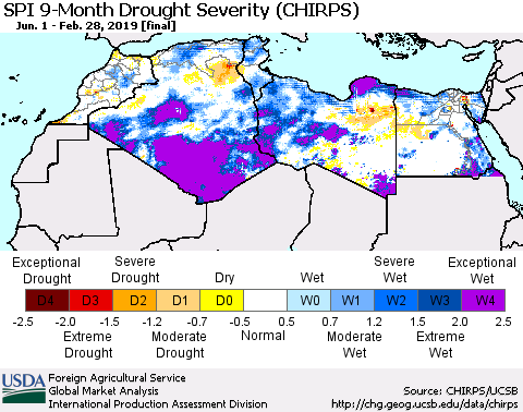 North Africa SPI 9-Month Drought Severity (CHIRPS) Thematic Map For 6/1/2018 - 2/28/2019