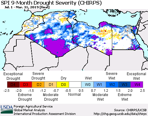 North Africa SPI 9-Month Drought Severity (CHIRPS) Thematic Map For 7/1/2018 - 3/31/2019