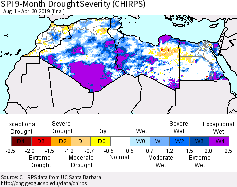 North Africa SPI 9-Month Drought Severity (CHIRPS) Thematic Map For 8/1/2018 - 4/30/2019