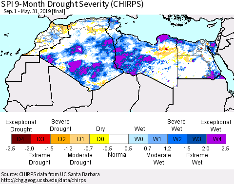 North Africa SPI 9-Month Drought Severity (CHIRPS) Thematic Map For 9/1/2018 - 5/31/2019