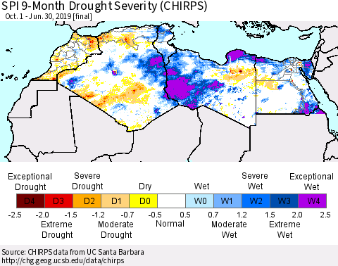 North Africa SPI 9-Month Drought Severity (CHIRPS) Thematic Map For 10/1/2018 - 6/30/2019