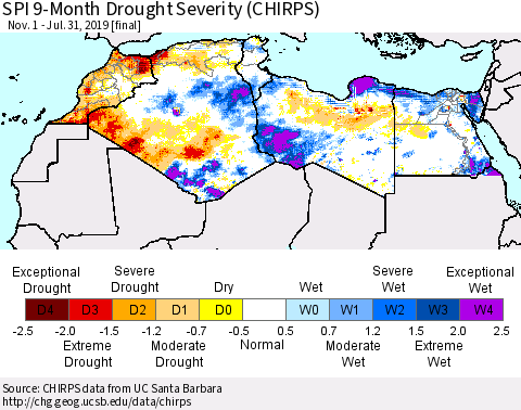 North Africa SPI 9-Month Drought Severity (CHIRPS) Thematic Map For 11/1/2018 - 7/31/2019