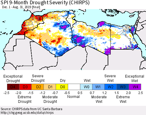 North Africa SPI 9-Month Drought Severity (CHIRPS) Thematic Map For 12/1/2018 - 8/31/2019