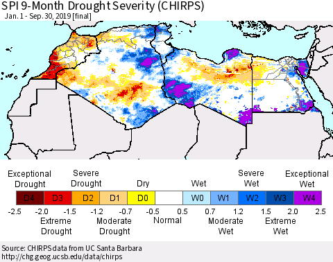 North Africa SPI 9-Month Drought Severity (CHIRPS) Thematic Map For 1/1/2019 - 9/30/2019