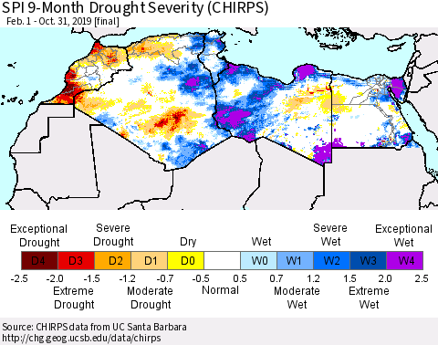 North Africa SPI 9-Month Drought Severity (CHIRPS) Thematic Map For 2/1/2019 - 10/31/2019
