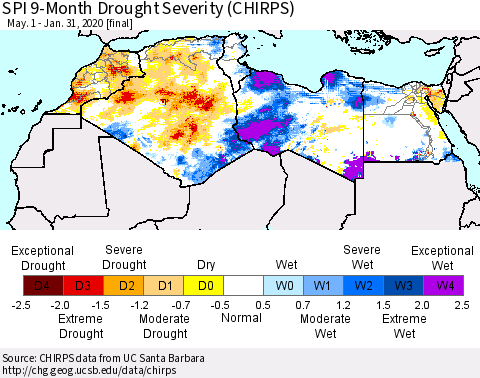 North Africa SPI 9-Month Drought Severity (CHIRPS) Thematic Map For 5/1/2019 - 1/31/2020
