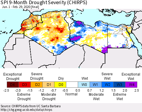 North Africa SPI 9-Month Drought Severity (CHIRPS) Thematic Map For 6/1/2019 - 2/29/2020