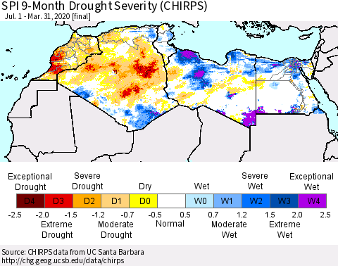 North Africa SPI 9-Month Drought Severity (CHIRPS) Thematic Map For 7/1/2019 - 3/31/2020
