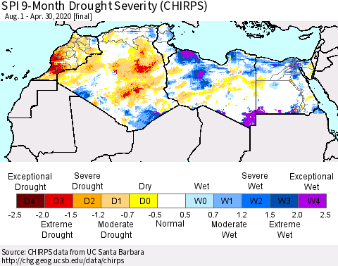North Africa SPI 9-Month Drought Severity (CHIRPS) Thematic Map For 8/1/2019 - 4/30/2020