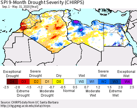 North Africa SPI 9-Month Drought Severity (CHIRPS) Thematic Map For 9/1/2019 - 5/31/2020