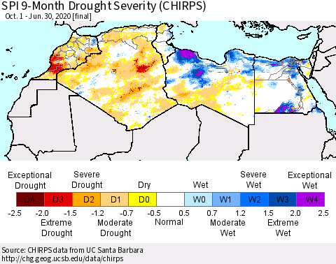 North Africa SPI 9-Month Drought Severity (CHIRPS) Thematic Map For 10/1/2019 - 6/30/2020