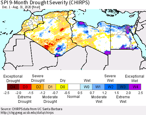 North Africa SPI 9-Month Drought Severity (CHIRPS) Thematic Map For 12/1/2019 - 8/31/2020